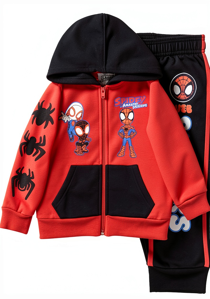 Installing Marvel Spiderman Graphic Hoodie and Joggers Set for Boys on a wooden desk