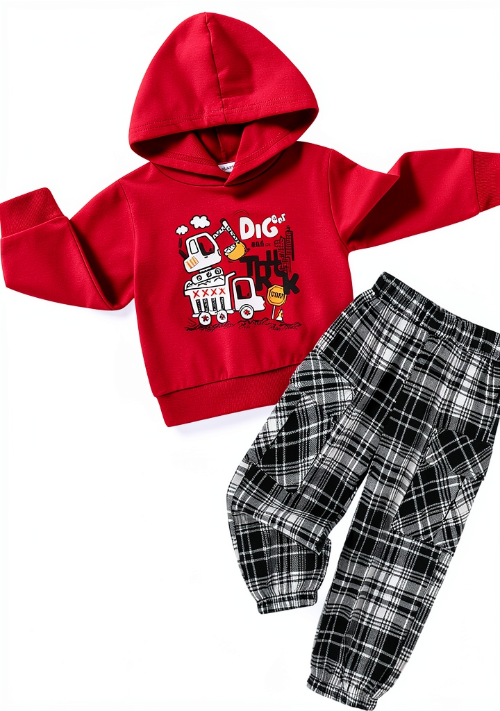Toddler boy wearing red sweatsuit at a birthday party